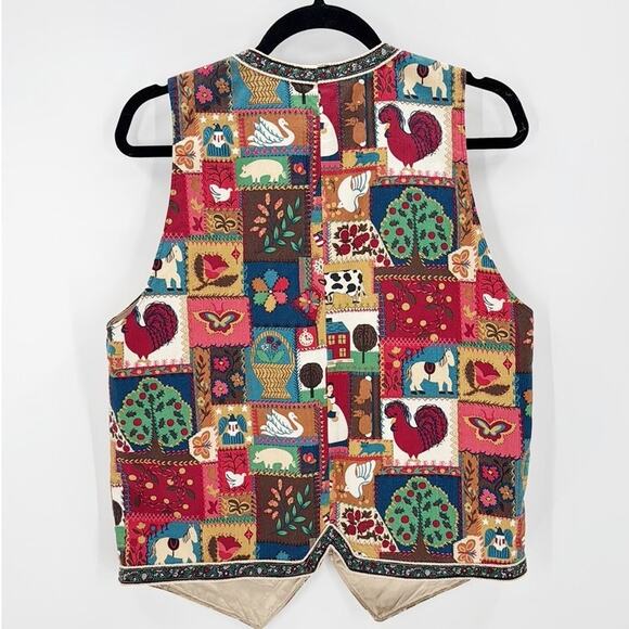 Vintage Paula Elise open front vest 90s patchwork farm novelty print size S/M - Picture 2 of 7